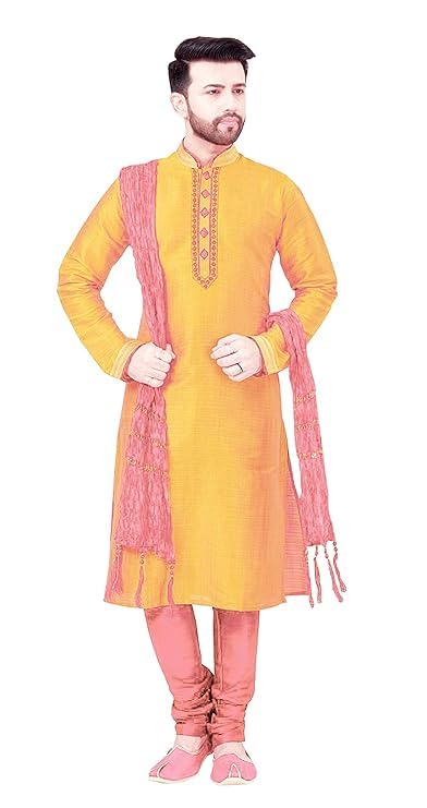 Pink Color Crush Silk Stole for kurta sherwani for Men with Golden Stripes, 250 x 20 cm-picture-53