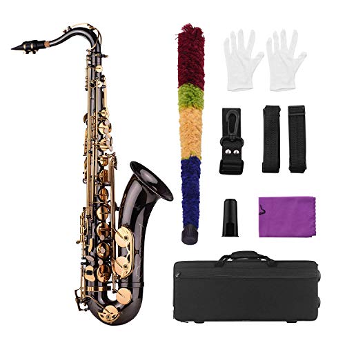 Muslady Bb Saxofón Tenor Cuerpo de Latón Negro Niquelado Llaves Doradas Instrumento...
