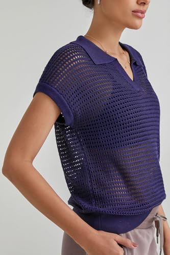 Image of Arach&Cloz 2025 Women's Crochet Cap Sleeve Knit Tops Spring Summer Shirts Lightweight Collared Hollow Out Casual Blouses