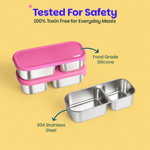 Image of Basil Stainless Steel 2 Compartment Pickle & Dip Container | Chutney Box for Tiffin | Leak Proof Container with Food Grade Silicone Lid | Dip Box for Ketchup & Sauces | School & Office - Pink
