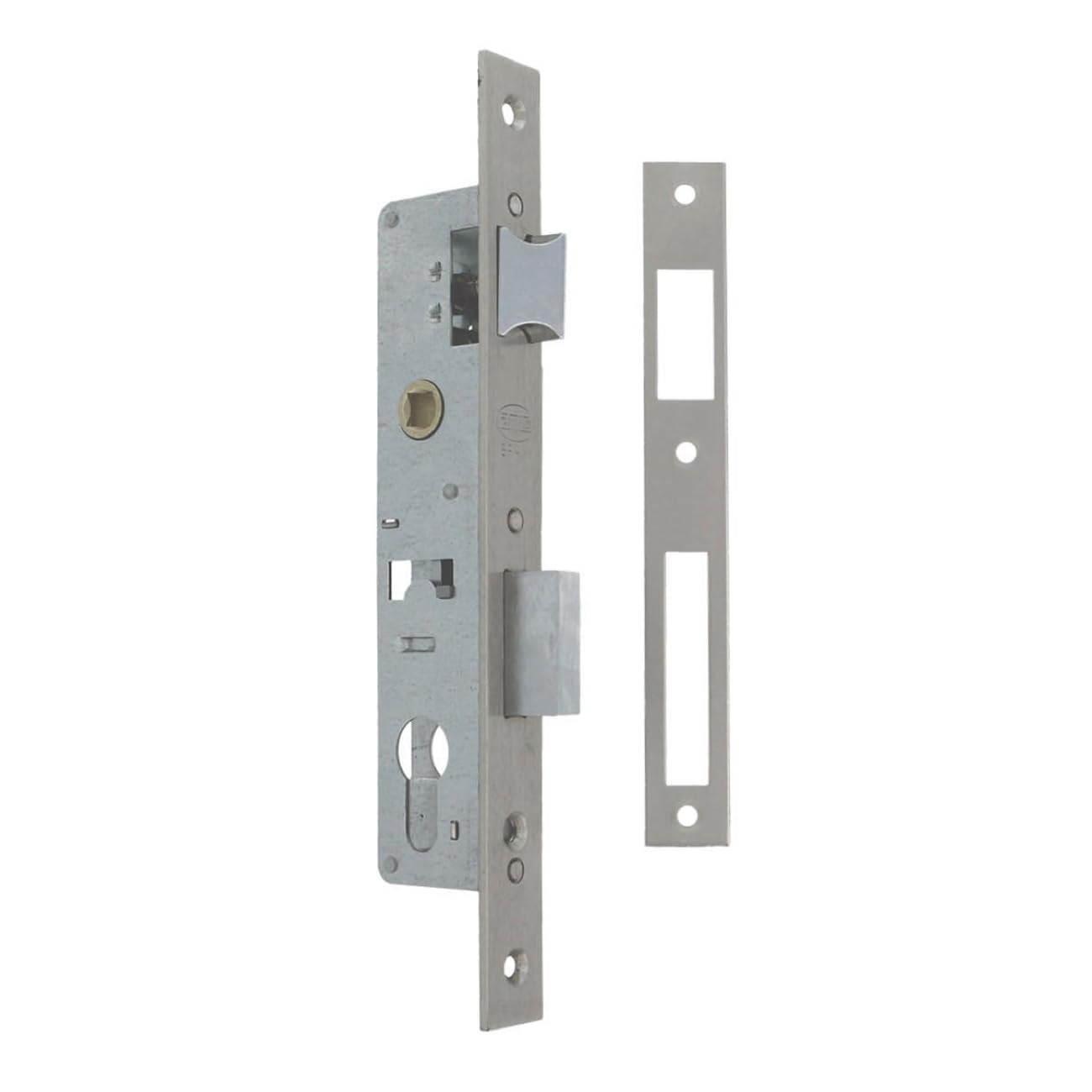 Cerradura de Embutir Canto Recto para Puertas Metálicas y Carpintería de Acero, 85mm Entre Ejes, 25mm Hasta Bocallave, Picaporte Reversible, Compatible con Cilindro Europerfil