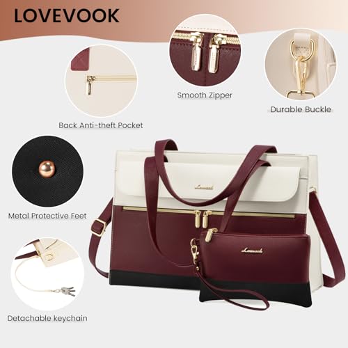 Image of LOVEVOOK Laptop Tote - 15.6 Inch Professional Leather Computer Briefcase - Waterproof Shoulder Bag - Large Capacity Business Teacher Office Bag - Crossbody Purse