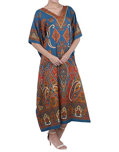 Women Kaftan Tunic Kimono Free Size Long Maxi Party Dress for Loungewear Holidays Nightwear Dresses One Size, 104-Teal - Thumbnail 3