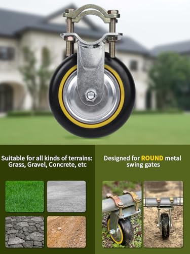 Image of Gate Wheels for Metal Tube Gate - 2 Pack 6 inch Farm Gate Wheel for Metal Swing Gate Fence Support