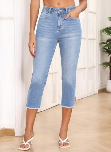 Image of Sidefeel Women's High Waisted Straight Leg Jeans Capri Denim Pants