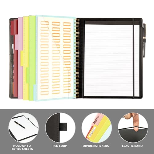Image of Ospelelf Clipboard with Storage for Men Women, Leather Padfolio Portfolio Organizer 5 Folders with 10 Pockets, Spiral Clipboard Folio with Notepad for Letter Size, Elastic Closure and Pen Loop Black