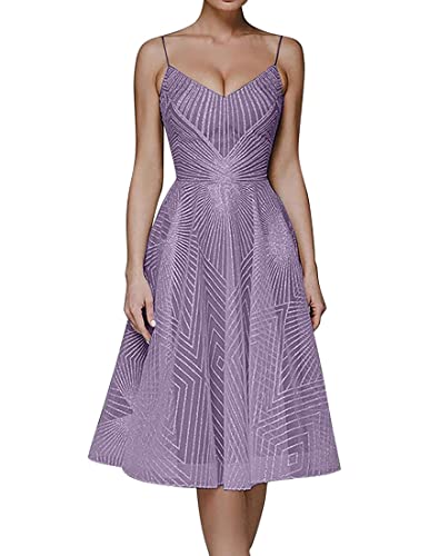 NLAVW Damen-Abschlussballkleid, elegant, ärmellos, Spaghettiträger-Kleid, einfarbig, mit Blumen Bestickt, Knielang, Abendkleid, sexy, schmale Passform,Lila,M