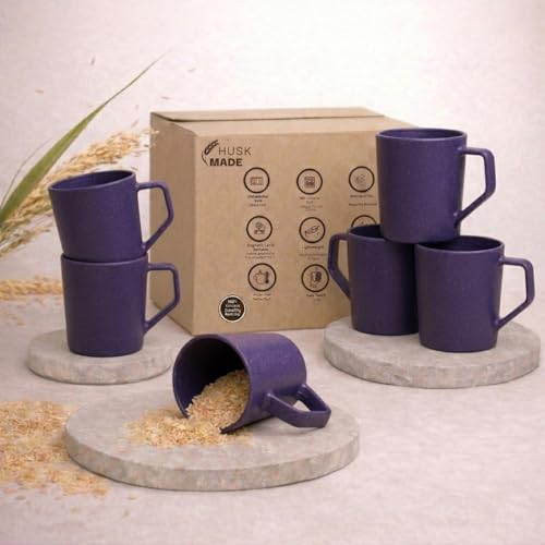 Image of Coffee Mug Set Made with Rice Husk & Bio Composite Material | TurtleBrew Travel Coffee Mug | Microwave & Dishwasher Safe | Purple | 200 ml | Pack of 6