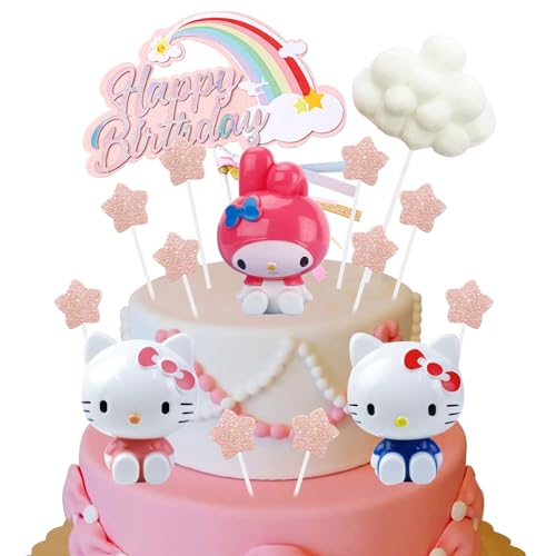 Kitty Decoracion Tartas Cumpleaños, Figuras de Kitty, 15Pcs Kitty Cake Topper, Topper Tarta Cumpleaños, Adornos para Cakes, Kitty Decoración de Tarta, para Niños y Niñas