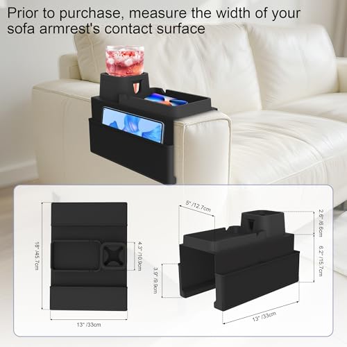 KindGa Couch Cup Holder Tray,Silicone Couch Arm Cup Holder,Couch Arm Organizer for Sofa Drinks/Phone/Remote/Snacks,Couch Armrest Recliner Armchair Caddy - Black