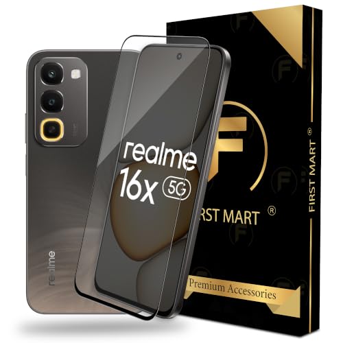 Image of FIRST MART Tempered Glass for Realme 16x, 9H Full-Glue Screen Protector, 3D Edge-to-Edge, HD Clear, Oleophobic, Case-Friendly, Black, Pack of 1