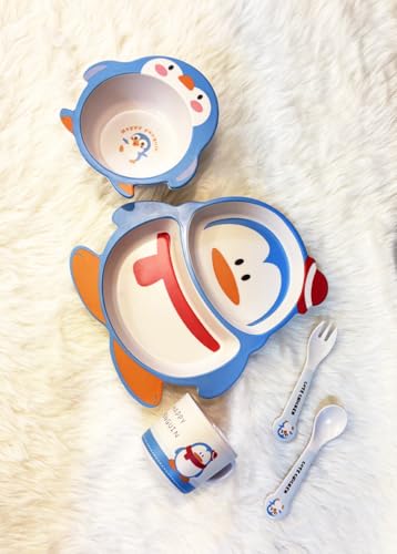 Bamboo Street 5 Piece Plastic Free Baby Feeding Set | Plate - Bowl - Cup - Fork - Spoon | Kids/Baby Crockery Tableware | Made of Bamboo| | Eco-Friendly |Organic & Natural | Pretty Penguine (Blue)
