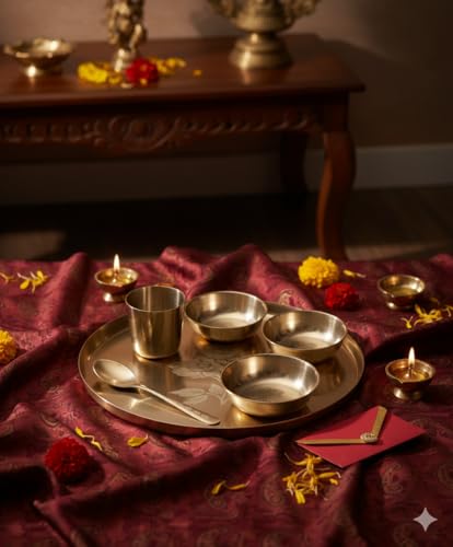 Image of Kansa Thali Set |Traditional Pure Bronze Dinner Plate with Bowls, Rose Engraved Design, Indian Dining Serveware | Set of 6