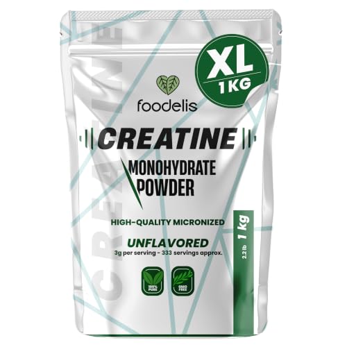 Foodelis Creatina Monohidratada 1 kg en Polvo, 333 Dosis de 3 g, Sin Sabor | Micronizada 200 Mesh · Sin Aditivos · Con Dosificador