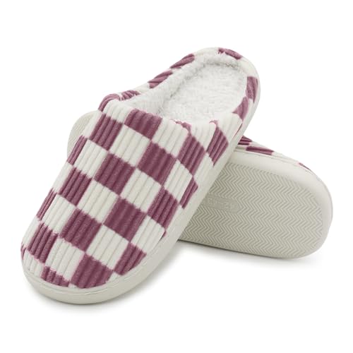 Jogyew Women House Pink Fuzzy Slippers - Plaid Scuff Checkered Slip-on Memory Foam Indoor Outdoor Comfortable Soft Slides US 7-8