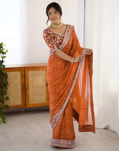Image of SIRIL Women's Georgette Bandhani Printed Saree with Unstitched Blouse Piece