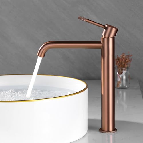 PHASAT Grifo para Lavabo de Baño Oro Rosado Alto Grifo Monomando Lavabo de Caño Alto Mezclador para Baño de Acero Inoxidable Monomando Grifos Baño de moderna PTMP26R