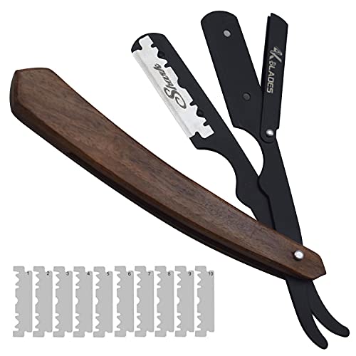 Professional Barber Straight Edge Razor - Salon Hair Cut Stainless Steel Safety Blade for Close Shaving, Navalha De Barbeiro (with 10 single edge sharp blades) (Wooden handle)