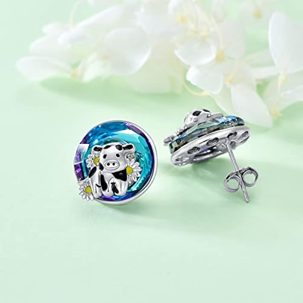 enjoylifecreative Pendientes de vaca y margaritas de plata de ley 925, pendientes de vaca de cristal, joyas de vaca, regalo para mujeres y niñas, Plata de ley