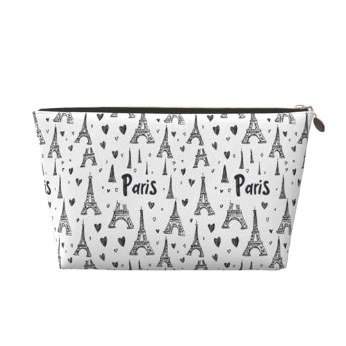 Eiffel Tower Heart Print Makeup Bag, Cosmetic Travel Toiletry Bag for Women, Cute Leather Makeup Pouch Organizer