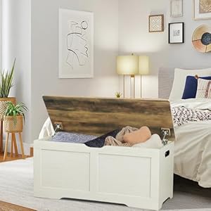 394 storage chest wooden storage bench large storage trunk with 2 safety hinges entryway shoes bench for living room bedroom antique white  urban country home decor