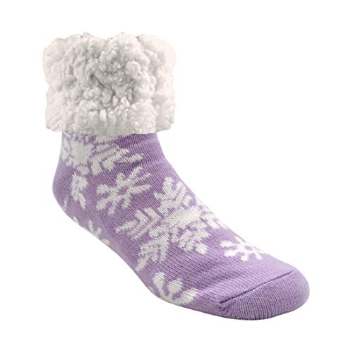 Pudus Snowflake Lavender Cozy Winter Slipper Socks for Women and Men with Non-Slip Grippers and Faux Fur Sherpa Fleece - Adult Regular Fuzzy Socks