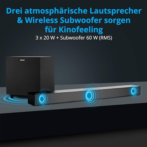 MEDION S61022 3.1 Dolby Atmos Soundbar mit kabellosen Subwoofer (für TV Geräte, Bluetooth 5.3, HDMI eARC CEC, optischer Eingang, AUX, 3 x 20 W + 60 W (RMS) Subwoofer kabellos, Fernbedienung – Bild 6