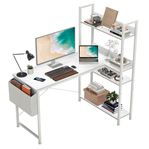 DUMOS L Shaped Desk Corner Computer Table 47 Inch, L-Shaped Gaming Desks with Storage Shelf Reversible, Wood Tables with Side Bag Adjustable Feet for 2 Monitors Small Space Home Office Bedroom, White