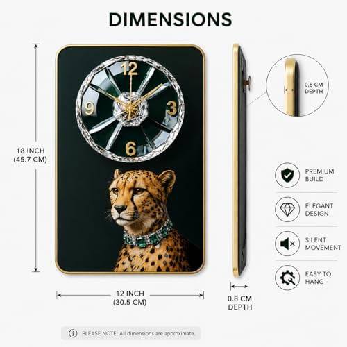 Image of Luxury Cheetah Wall Clock for Living Room | 18x12 Inch Silent Quartz | Crystal Dial Gold Frame | Animal Art Decor for Home, Office & Gifting