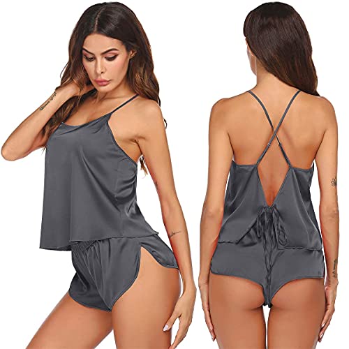 Image of Ekouaer Silk Pajamas Set for Women Satin Backless Lingerie Pjs Cami Top and Shorts Nightwear
