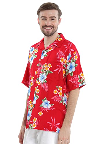Image of Matchable Couple Hawaiian Luau Shirt or Maxi Simple Dress in Hibiscus | Sold Individually; Soft Rayon Fabric; Cap Sleeve Design; Signature Tropical Prints; Vacation Ready