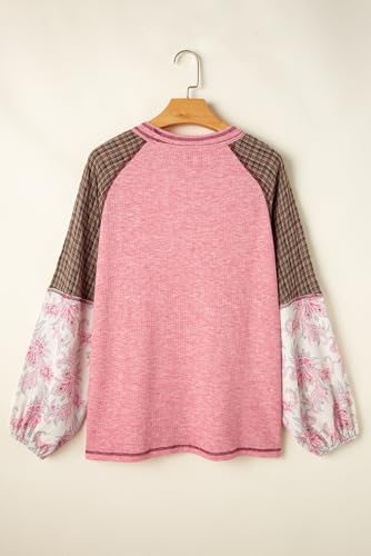 Women's Fushia Mixed Print Patchwork Raglan Ribbed Knit Top3