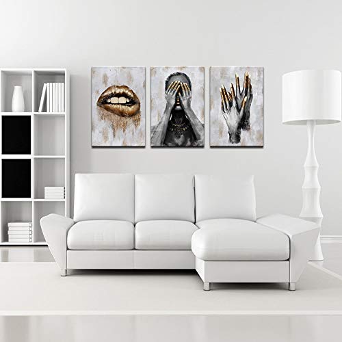 Sechars 3 Panel African American Canvas Wall Art Black Woman With Golden Lip Nails Painting Prints For Bedroom Beauty Room Salon Decorations Fashion Grey And Gold Art Framed Ready To Hang #TOP2