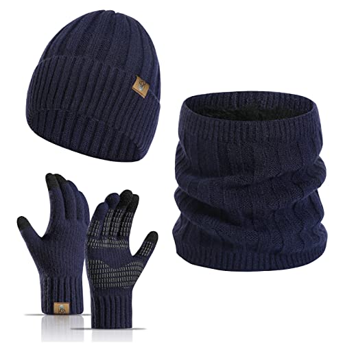 Gorro Invierno Hombre con Bufanda Braga y Guantes Táctiles Kit de Regalo