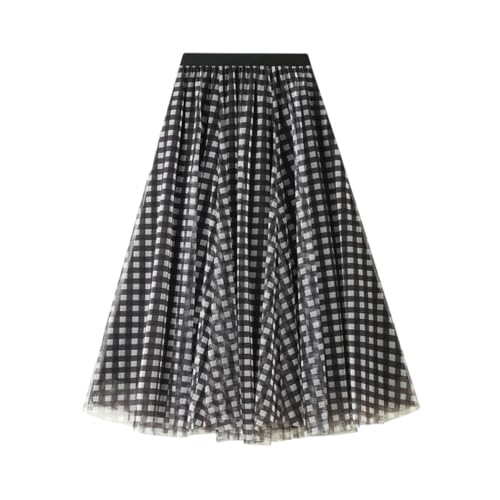 Women Striped Grid A-Line Long Skirt Casual Cake Layered Elastic Waist Streetwear Comfortable Outfit Black