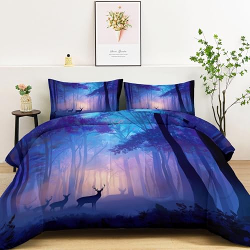 Genérico Edredón Reversible Sin Funda para 2 Personas, Edredón Nórdico Tranquilo Bosque Animal Ciervo 4 Estaciones Suave Cálido - Morado Juego de Cama135 x 200 cm con 2 Fundas de Almohada