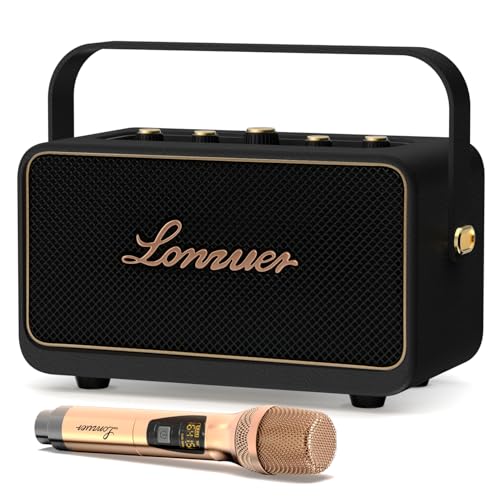 Lonzuer No Distortion 10000mAh Rechargeable 80W Retro Portable Wooden Bluetooth Speaker with Wireless Microphone USB AUX Input for Adults Home Party Classroom (Black)