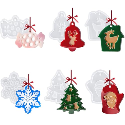 Christmas Ornament Resin Molds - 6 Pack Large Epoxy Ornament Silicone Mold for Tree Decorations DIY Craft Keychain and Pendant Making (3-4inch Bell Santa Snowflake Reindeer)