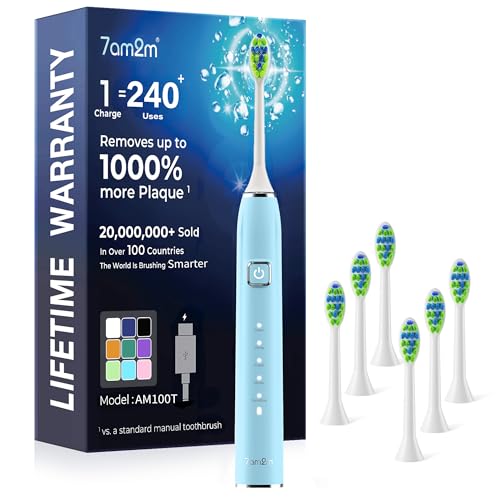 Image of 7AM2M Sonic Electric Toothbrush for Adults,Type-C Charging Run for 120 Days | 6 Brush Heads & 5 Modes, 40000VPM Powered Rechargeable Toothbrush, Smart Timer, IPX7 Waterproof, Travel&Home Use, Light Blue