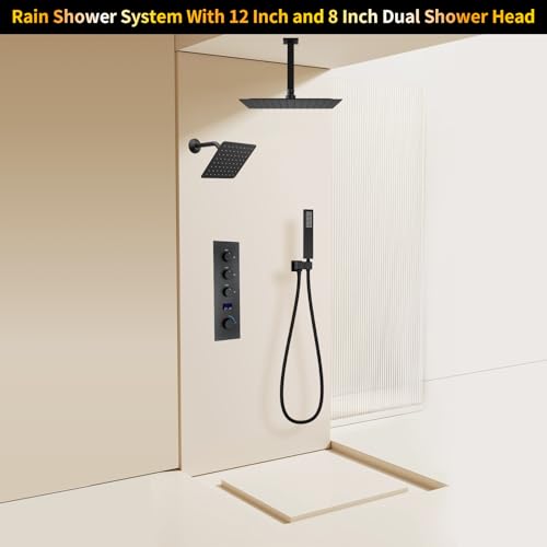 AYIVG-Dual-Rainfall-Shower-System-Matte-Black-Rain-Shower-System-Ceiling-Mounted-3-Function-Luxury-12Inch-8Inch-Shower-Head-with-Handheld-Spray-Temperature-Digital-Display-Shower-Mixer-Combo-Set