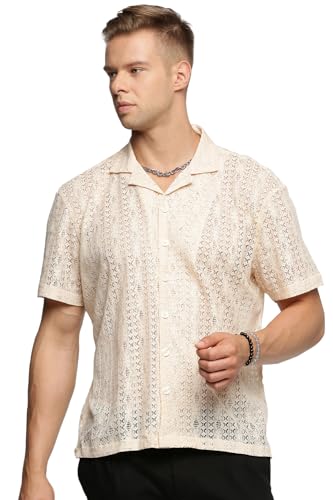 Image of SHOWOFFFF Men Solid Crochet Casual Shirt | Cuban Collar Half Sleeves Cotton Shirt for Mens | Relaxed Fit Regular Length Shirt for Men's