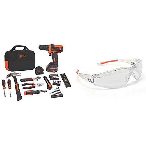 BLACK+DECKER 12V MAX Drill & Home Tool Kit, 60-Piece with Lightweight Safety Eyewear, Clear Lens (BDCDD12PK & BD250-1C)
