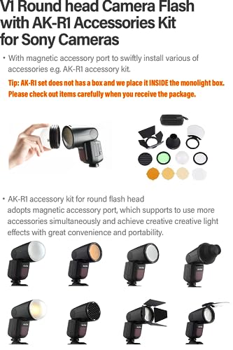 Godox V1-S Ttl Flash Speedlite, 76Ws 2.4G High-Speed Sync 1/8000S 2600Mah Li-Ion Battery Round Head Camera Speedlight With Godox Ak-R1 Accessories Kit Compatible For Sony Cameras #TOP1