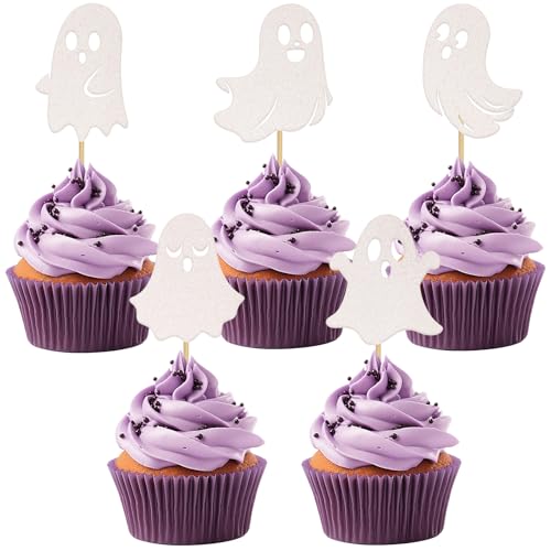 30 PCS Halloween Ghost Cupcake Toppers White Glitter Cute Ghost