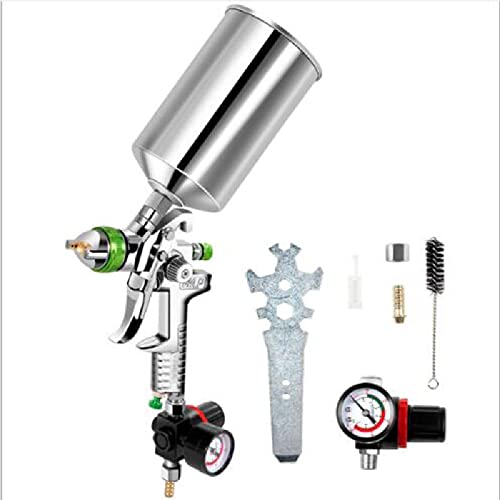 Riloer Pistolet à peinture, Avec régulateur de pression Pistolet à peinture à buse de 2,5 mm + Bouilloire en aluminium de 1000ml, pour peinture de voiture, murs, meubles, terrasses, etc.