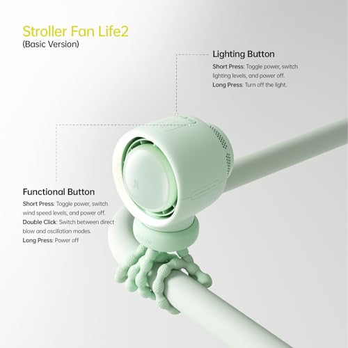 Image of JISULIFE Stroller Fan Baby Large, Safe Bladeless for Crib, Desk, 4000mAh Battery Rechargeable Portable Cooling Fan with Air Turbo Tech, Night Light, Food-Grade Gift for Mom /Dad /Friend - Green