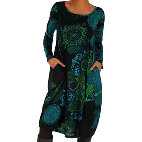 Meideli Women Fashion Dress Midi Dress Long Sleeve O-Neck Retro Plus Size Dress Streetwear with Pockets for Autumn Winter Lake Blue L