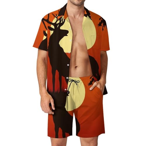 Chemise Hawaïenne Hommes Ensemble Short Pantalon Plage Été Imprimé Cerf Coucher Soleil S
