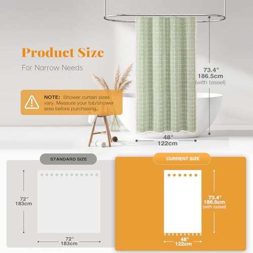 Image of BTTN Boho Shower Stall Curtain - 48x72 Narrow Linen Ultra Thick Tassel Fabric Shower Curtain Set with 8 Plastic Hooks, Half Camper RV Modern Farmhouse Country Shower Curtains for Bathroom, Sage Green