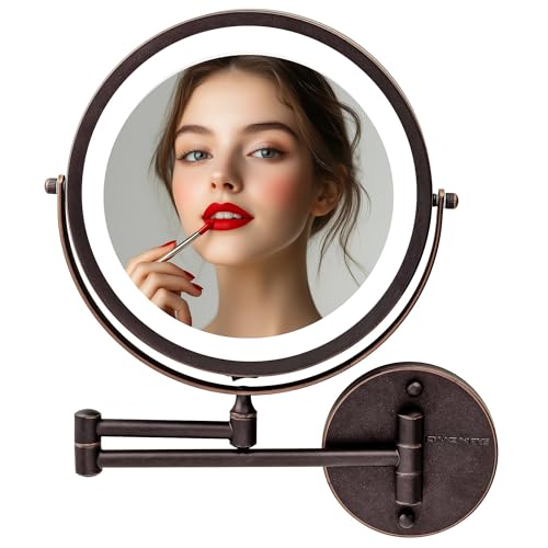 Image of OVENTE 9 inch Wall Mounted Lighted Makeup Mirror, Antique Bronze MFW85ABZ1X10X | Cordless Double Sided 1X /10X Magnifying Mirror for Bathroom with LED Lights, 360 Rotation, Extendable Arm, Battery Operated